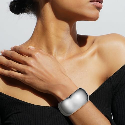 HZMAN Chunky Gold Cuff Bracelets for Women Thick Wide Bangle Bracelet Hammered Open Hinge Wrist Cuff Bracelet Jewelry Gift - color: 05.Round Polished Silver
