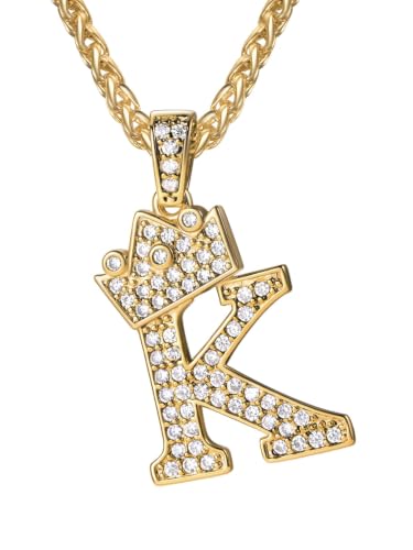 U7 Crown Initial Necklace Men Women, Bling Diamond A-Z 0-9 Letter Pendant with Wheat Chain, Silver/Black/Gold Plated CZ Alphabet Number Hip Hop Jersery for Father Husband - color: a. Gold, size: 11. K