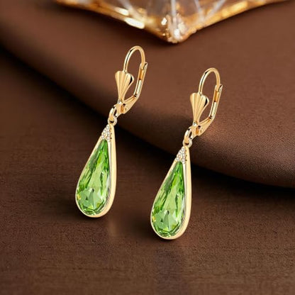 Teardrop Austrian Crystal Leverback Dangle Drop Earrings for Women | 14K Gold Plated,Classic Teardrop Elegance,Leverback for Easy Secure Wear,Gift Box Included, Brighten Up Daily and Party Looks - color: Fern Green
