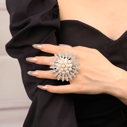 Elegant Big Crystal Ring for Women Gold Stacking Pearl Rhinestone Flower Rings Open Finger Adjustable Crystal Statement Ring Jewelry for Bridal Wedding - color: Crystal 2-silver