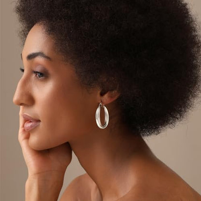 LeCalla 925 Sterling Silver Chunky Hoop Earrings | 14K Two-Tone Three-Tone Hoop Earrings | Intertwining Oval Shape Polished Twisted Hoop Earrings for Women - color: Chunky Silver 35mm