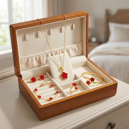 Clover Jewelry Set for Women Non Tarnish Gold-Tone Five Leaf Clover Necklace, Earrings, Ring, Bracelet Fashion Simple Floral Jewelry Set - color: Red