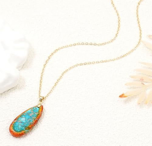 Stone Necklaces for Women Teardrop Gemstone Pendant Necklace Natural Stone Chain Necklaces - color: Orange Gold