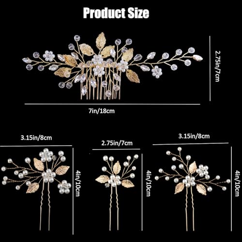 4 Pieces Gold Leaf Bridal Hair Pins, Crystal Wedding Hair Accessories - Hair Comb with Rhinestone Hair Pins and Pearls for Bride, Bridesmaids, Flower Girls