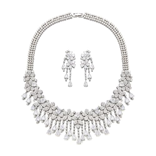 EVER FAITH Bridal Jewelry for Bride Bridesmaid, Elegant Cubic Zirconia Birthstone Cluster Flower Teardrop Wedding Party Necklace Dangle Earrings Sets for Women - color: White