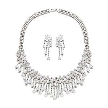 EVER FAITH Bridal Jewelry for Bride Bridesmaid, Elegant Cubic Zirconia Birthstone Cluster Flower Teardrop Wedding Party Necklace Dangle Earrings Sets for Women - color: White