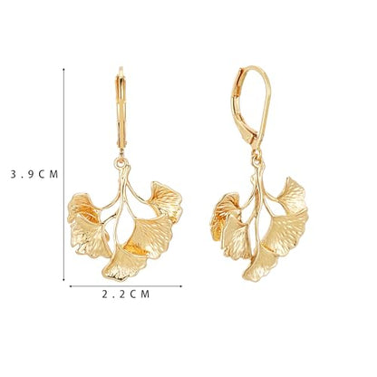 Sylph Large Gold Earrings for Women, Chunky Gold Statement Drop Dangle Earring Maple Leave Ginko Leaf Jewelry Gifts - style: Middle Ginko Leaf Earrings