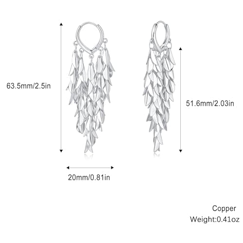 Sylph 14K 18K Gold Plated Chandelier Earrings for Women, Long Tassel Earring Huggie, Silver Leaf Dangle Drop Earrings, Dainty Bohemian Jewelry Gifts for Wedding Everyday Wear - color: A-Silver Chandelier Earrings