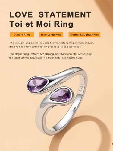 Bestyle Silver Birthstone Ring for Women, Dainty Sterling Silver Teardrop Ring Open Adjustable Band Ring, Love Statement TOI et Moi Ring Promise Ring for Her - color: 02.February ( Amethyst)