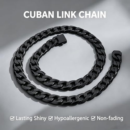 Qlaway 14MM Black Cuban Link Chain for Men, 316L Stainless Steel and Black Metal Filled, Available In 22/24/26/28/30 Inches, Black Necklace for Men - style: 14MM-24 Inch