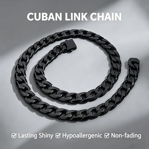 Qlaway 14MM Black Cuban Link Chain for Men, 316L Stainless Steel and Black Metal Filled, Available In 22/24/26/28/30 Inches, Black Necklace for Men - style: 14MM-26 Inch