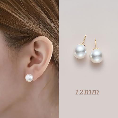 Oversized Faux Pearl Stud Earrings for Women, 14K Gold Plated Sterling Silver Hypoallergenic Large Classic Lightweight Pearl Earrings - size: White-12mm