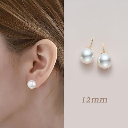 Oversized Faux Pearl Stud Earrings for Women, 14K Gold Plated Sterling Silver Hypoallergenic Large Classic Lightweight Pearl Earrings - size: White-12mm