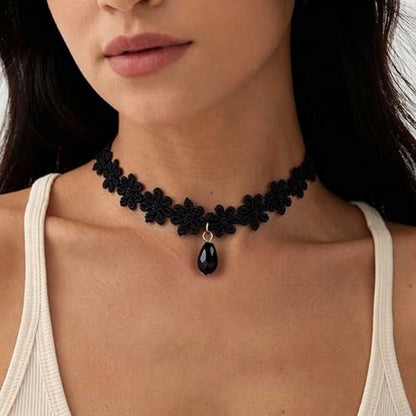 Black Necklaces for Women,Adjustable Layered Collar,Goth Jewelry - color: Flower