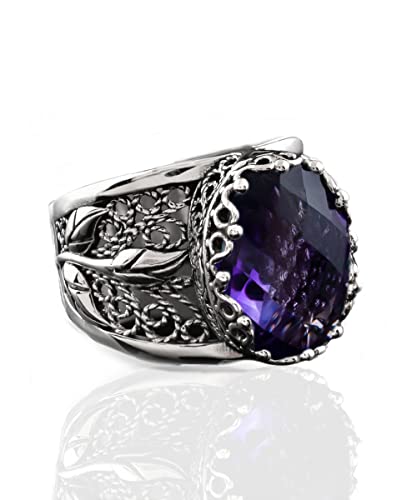 Filigranist 925 Sterling Silver Filigree Art Lace Embroidery Tulip Detailed Gemstone Women Cocktail Ring, Luxurious Gift Boxed - color: Amethyst