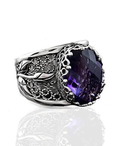 Filigranist 925 Sterling Silver Filigree Art Lace Embroidery Tulip Detailed Gemstone Women Cocktail Ring, Luxurious Gift Boxed - color: Amethyst
