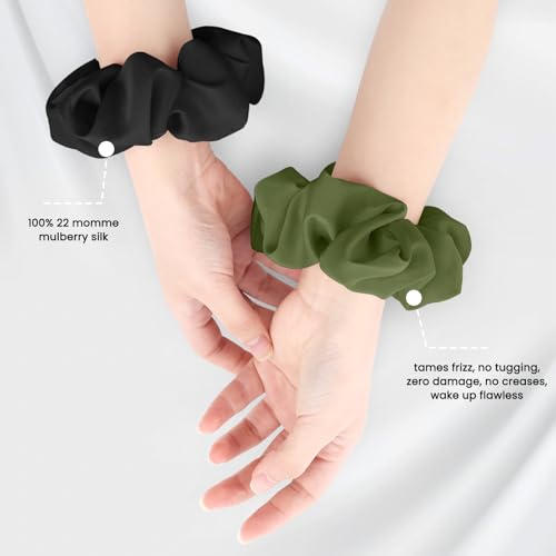 2PCS 100% Mulberry Silk Hair Ties, Silk Hair Scrunchies for Women, No Damage for Curly Hair (Black, Olive Green, L) - color: Color 06