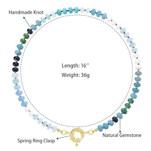 KissYan Beaded Gemstone Necklaces for Women | Colorful Bead Natural Stone Choker with 14K Gold Plated Spring Ring Clasp, Handmade Knot Jewelry for Summer Beach - color: E-Blue & Green