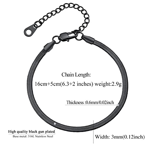 FindChic Elegant Herringbone Snake Chain Anklets/Bracelets 3MM/5MM Width Stainless Steel/18K Gold/Rose Gold Plated/Black 4 Color Options, 8.3'' 8.5'' 10.5'' Length, with Gift Box - color: B: 3mm 6.3'' bracelet (Black)