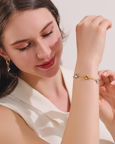 Two Tone Heart Charm Bracelet for Women, Adjustable Cute Bracelets with Heart/Clover Charms, Trendy Love Bracelet for Daily Wear Mixed Metal Jewelry Valentines Day Gift - style: Heart＆Clover