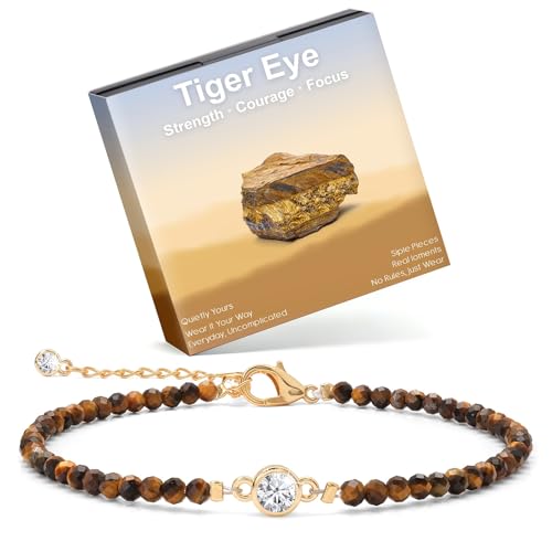 Raicegs Anklets for Women Handmade Beach Boho Ankle Bracelet 3mm Natural Stone Beaded Ankle Bracelet 14K Gold Plated Zircon Pendant Adjustable Crystal Gemstone Anklet Jewelry Gift for Her - color: Tiger’s Eye