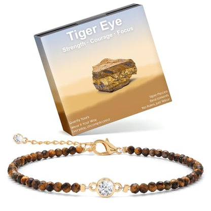 Raicegs Anklets for Women Handmade Beach Boho Ankle Bracelet 3mm Natural Stone Beaded Ankle Bracelet 14K Gold Plated Zircon Pendant Adjustable Crystal Gemstone Anklet Jewelry Gift for Her - color: Tiger’s Eye