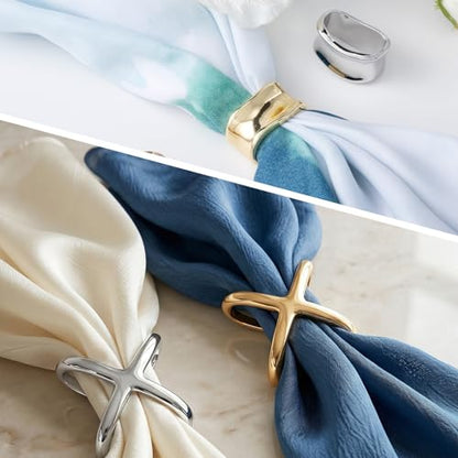 4pc Silk Scarf Ring, 2 Styles, Gold & Silver | Metal, 1×0.54in & 0.83in, Oblate & X Shape, Minimalist, Geometric, Silk Scarves Shawl Clip, Scarf Slide for Women - color: Gold & Silver-4pcs