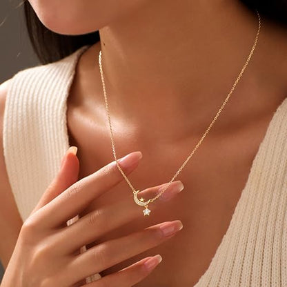 925 Sterling Silver Dainty Moon Star Necklaces for Women Daughter Mom | Moon Pendant Necklaces Trendy Non Tarnish 14K Gold Plated Cute Star CZ Charm Chain Jewish Birthday Wedding Gifts Jewelry - color: Gold