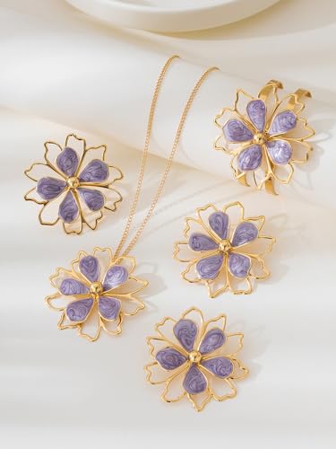 Gold Flower Jewelry Set For Women, 5 Pcs Chunky Golden Floral Pendant Necklace Bracelet Earrings Ring Set Statement Flower Jewelry Gifts For Beach Wedding - color: 5pcs-Purple