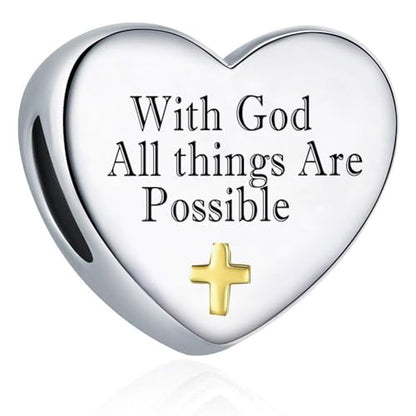 Cross Heart Charm for Pandora Bracelets Christian Bible Verse Charms Prayer Faith Religious Gifts for Women - style: With God All things are Possible Matthew 19:26