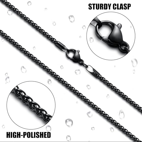 Fiusem Wheat Chains for Men and Women, Silver Tone/Black/14K Gold Plated | 2/2.5/3/4/5mm Stainless Steel Necklace Chain, Mens Necklace Jewelry Gift 16-28 Inch - size: 18 Inches, style: Black 2MM