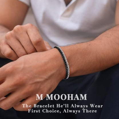 M MOOHAM Mens Bracelet, Black/Silver-Plated Chain Bracelets for Men | Stainless Steel Wheat Rope Figaro Cuban Link Chain Bracelet, Jewelry Gifts for Men, 7.3/8.5 Inch