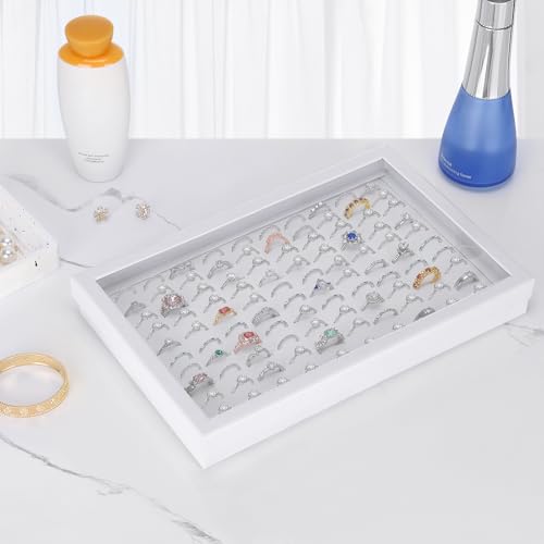 KUKUVR 100 Slots Ring Earring Holder Display Case (White) | Velvet, Clear Lid, Ring Earring Storage Organizer Box Tray, for Women and Selling Show - color: White