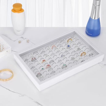KUKUVR 100 Slots Ring Earring Holder Display Case (White) | Velvet, Clear Lid, Ring Earring Storage Organizer Box Tray, for Women and Selling Show - color: White