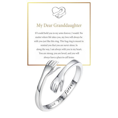 Granddaughter Daughter Hug Ring For Hope Rings, Stainless Steel Inspirational Jewelry Engraved Always With You Love You Forever Message Adjustable Non Tarnish Jewelry Birthday Gift Card - color: LYF(Dear)