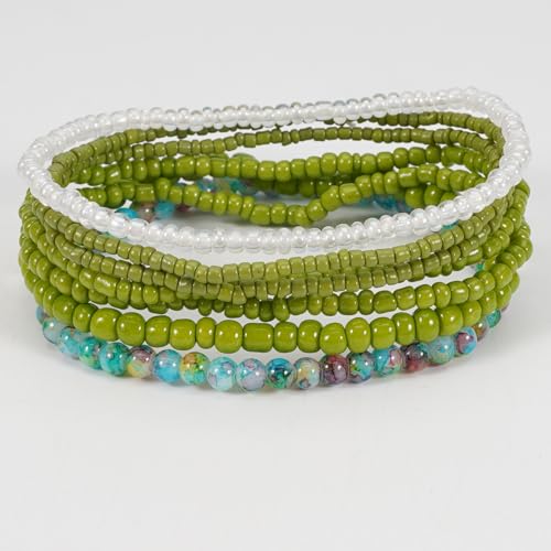 Boho Colorful Stackable Crystal Glass Beads Stretch Bracelets Multilayered Bracelets for Women Bohemian Jewelry - color: Green 7pcs