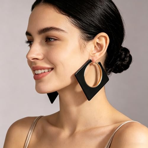 Colorful Large Hoop Earrings for Women Big Square Hollow Hoops Dangle Earrings Trendy Chunky Geometric Square Earring 80s 90s Neon Hoop Dangle Earrings - color: black