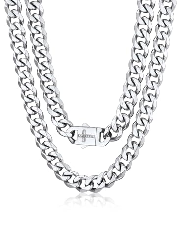 Bandmax 14K Gold Plated Black Stainless Steel Cuban Link Chain Necklace for Men Women, Cross White Zircon Clasp, 6/9/12MM Width, 18-30 Inch Length, Ideal Gift for Son Husband Father - color: 07 Silver Tone-12MM, size: 22 Inch (56cm, Pop Choice)