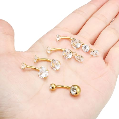 Vsnnsns 14G Dangle Belly Button Ring Piercing Jewelry 316L Stainless Surgical Steel Round Heart Cubic Zirconia Navel Rings Dangling Belly Button Ring Piercing Jewelry for Women 14 Gauge Hypoallergenic - color: Gold-10MM Bar-Clear CZ
