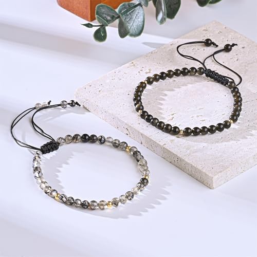 Natural Stone&925 Sterling Silver/18K Gold Anklet,│4MM│9-12 in│, Hand Woven, Adjustable Size - color: Black Dragon Pattern Agate Anklet，4MM