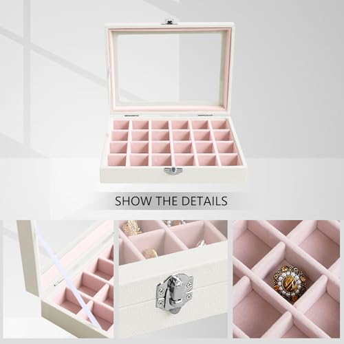 Wudygirl 24 Grid Earring Organizer Small Jewelry Box with Lid WhitePink | Ring Box with Adjustable Dividers, Velvet Lining, Ideal for Rings, Earrings, Jewelry Display, Gift Giving - style: White Pink 24 Grid