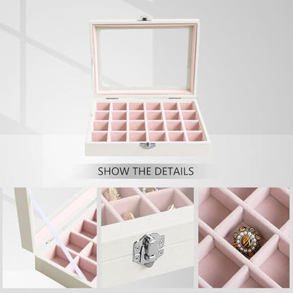 Wudygirl 24 Grid Earring Organizer Small Jewelry Box with Lid WhitePink | Ring Box with Adjustable Dividers, Velvet Lining, Ideal for Rings, Earrings, Jewelry Display, Gift Giving - style: White Pink 24 Grid