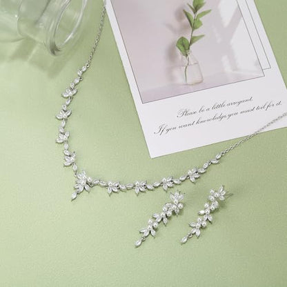 EVER FAITH Cubic Zirconia Pearl Leaf Vine Wedding Jewelry Set for Bride | Crystal Filigree Bridal Necklace Earrings, for Women Bridesmaid - color: 2pcs_White Silver-Tone