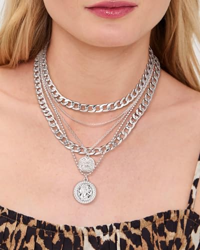 MJartoria Layered Necklaces for Women Trendy Retro Coin Pendant Necklace Dainty Chunky Chain Necklaces for Jewelry Birthday Gifts - color: Silver, style: A-Retro Coin-2PCS