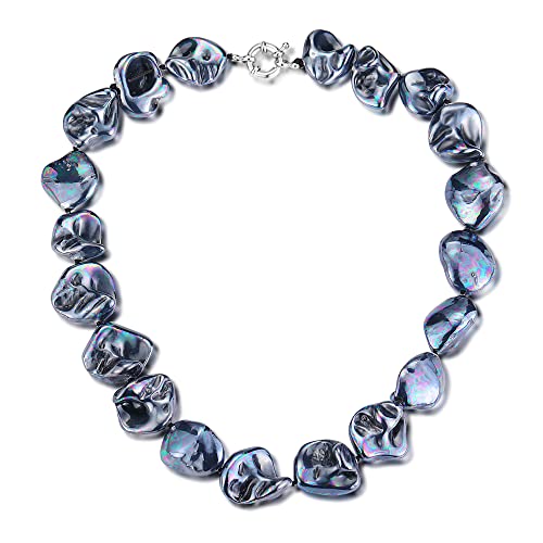 Pearl Choker Necklace for Women Boho Beaded Statement Necklace with Black White Large Freshwater Pearls Silver Fashion Jewelry Gift - color: Bright black