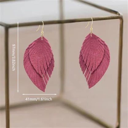 Genuine Leather Handmade Fringe Feather Lightweight Dangle Drop Earrings Teardrop Tassel Hook Earrings for Women - style: 9 Light Red
