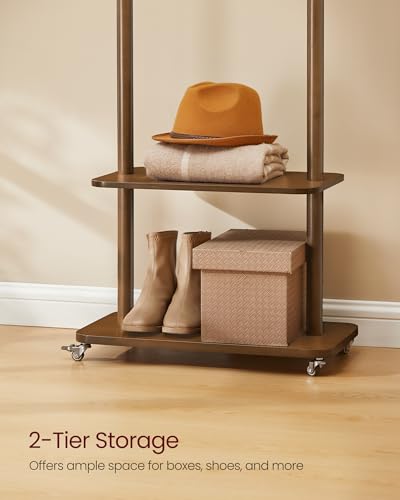 VASAGLE Freestanding Coat Rack Stand with 7 Hooks, 2 Shelves, 4 Removable 360° Swivel Wheels, Wooden Hooks and Pole, for Entryway, Bedroom, Living Room, Walnut Brown URCR053KJ01 - color: Walnut Brown, style: Minimalist