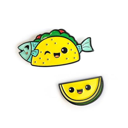 Enamel Pin Set (2 Pins Per Set) for Backpack, Bag, Lapel, Kawaii Button Collector - style: Fish Taco & Lime