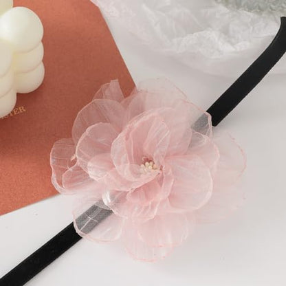 Rose Black Velvet Floral Choker Necklace - Camellia Daisy Rosette - Spring Summer Flower Jewelry - color: Pink 2