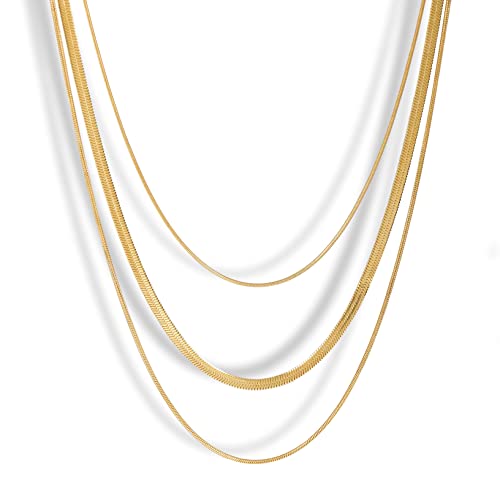 CONRAN KREMIX Waterproof Gold Necklace Layered Necklaces for Women Non Tarnish,14k Gold Plated Stainless Steel Dainty Stack Thin Chain Necklace Set for Women Gifts Jewelry - color: Gold-01
